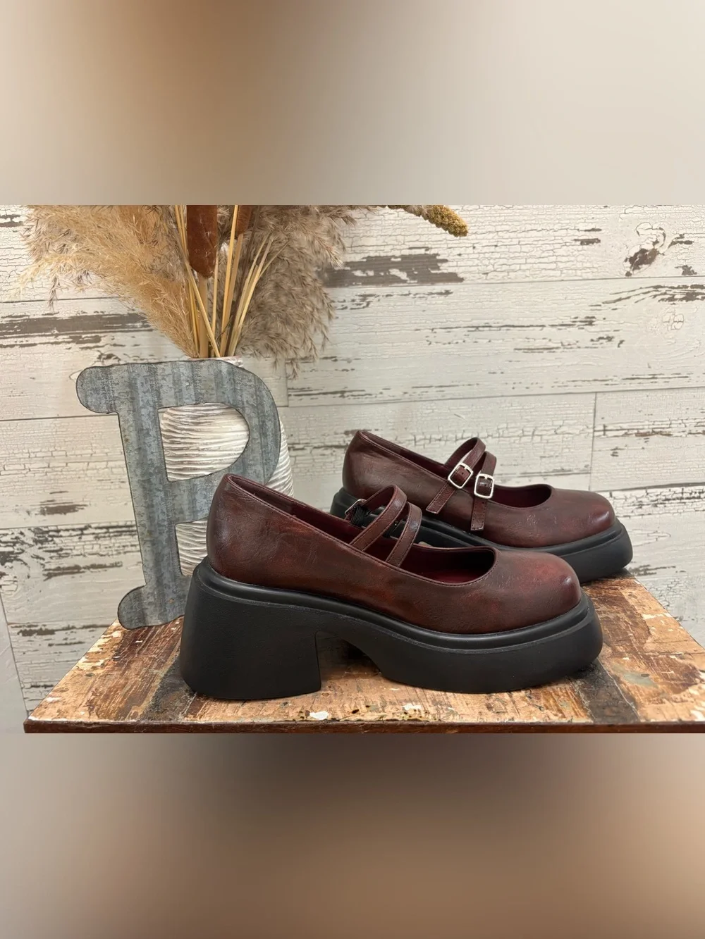 Cider Double-Strap Mary Jane Platform Loafers in Burgundy Size: 8